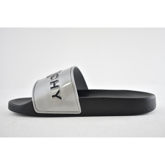 Givenchy Silver Rubber Black Logo Print Slide On Pool Sandal Flip Flop Flat 38 - Picture 9 of 12